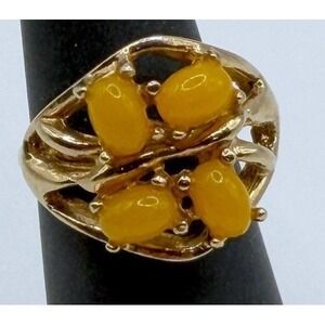 Gold Tone Cabochon Ring Amber Color Glass Adjustable Size 5–5.5